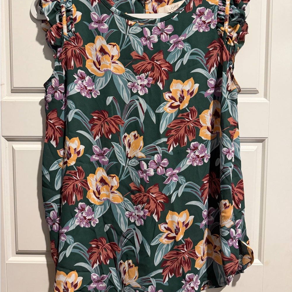 LOFT Floral Green Top with Ruffle Sleeves